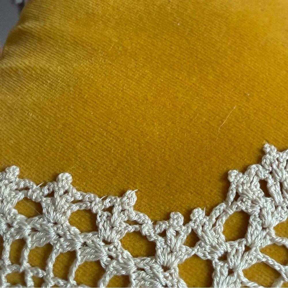 Cottagecore Boho Velvet Doily Throw Pillow Yellow